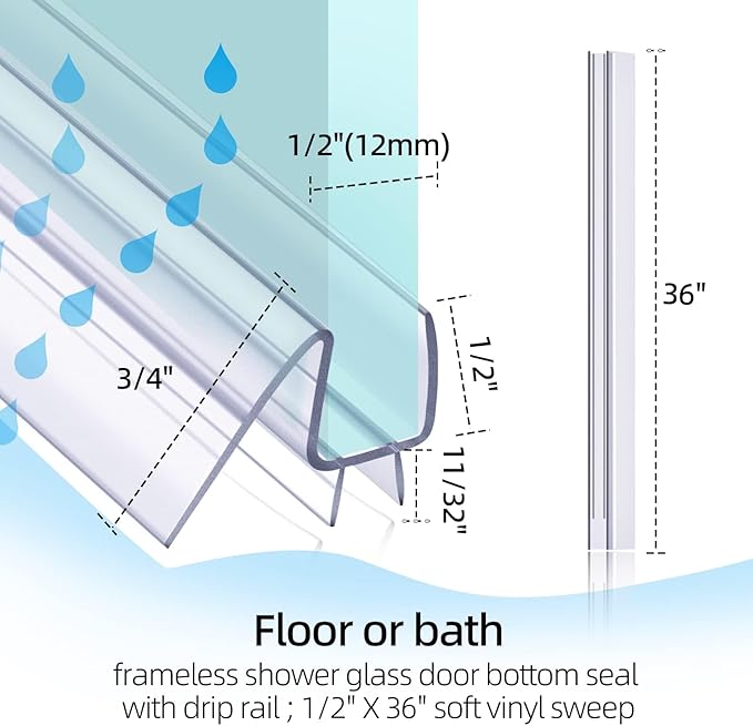 POZIA Shower Door Bottom Seal Frameless Glass Shower Door Seal Strip Clear Vinyl Durable Stop Shower Leaks and Create a Water Barrier Ultra Clear (2PACK-1/2in)