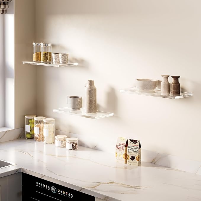 Acrylic Floating Shelves for Wall, Wall Mounted Shelf for Storage and Decor, Floating Shelf Organizer for Bedroom, Living Room, Bathroom, Kitchen (Clear, 15.5" W x 7" D x 0.5" H)