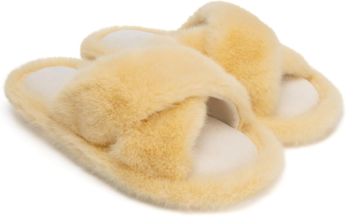 Chantomoo Womens Slippers Memory Foam Fuzzy Cross Band Faux Fur Slippers for Women Gift