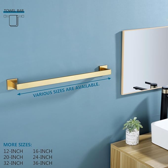 KOKOSIRI 24-Inch Single Towel Bar, Bathroom Kitchen Towel Holder, Wall Mounted SUS304 Stainless Steel Towel Rack, Brushed Gold, B4003BG-L24