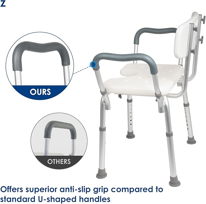 TooCust Extra Wide M-Shaped & Padded Armrests Shower Chair, 500lbs Capacity, Bariatric, Blue, Aluminum, Bath & Shower Safety Seating