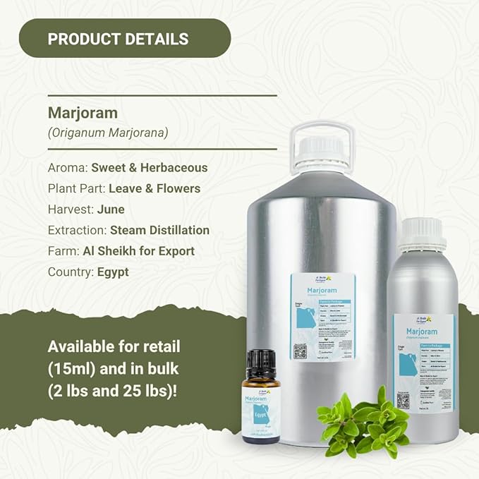 Marjoram Essential Oil - Direct from Al Sheikh for Export Egypt - Steam Distilled - Aceite de Mejorana for Aromatherapy, Massage, Diffuser, DIY Candle and Soap Making - 15ml