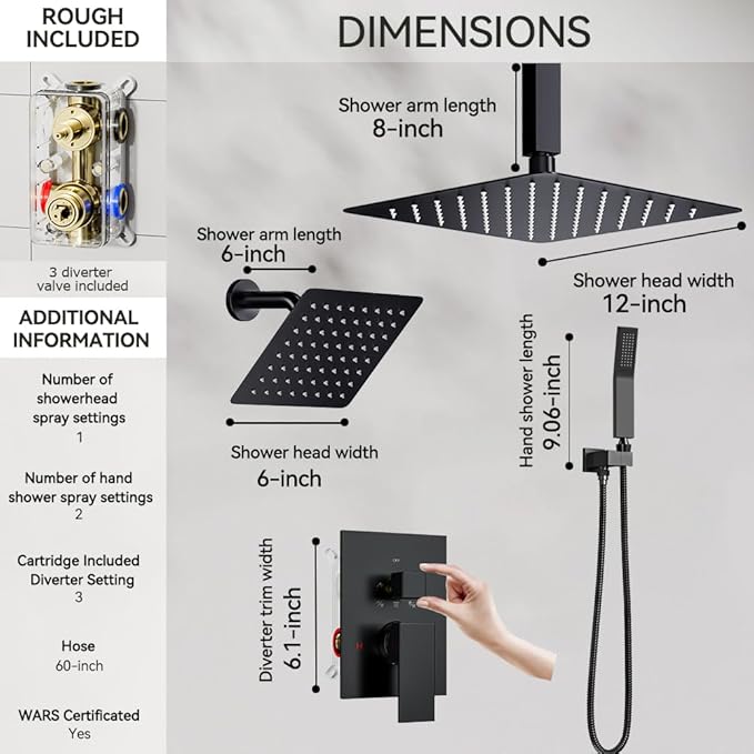 Shower Faucet Set Matte Black Shower Systems, STARBATH 3 Way Shower Faucet with 2 in 1 Handheld, Ceiling Mount 12+6" Dual Rain Shower Head for Two People, Shower Valve with 5 Diverter Complete
