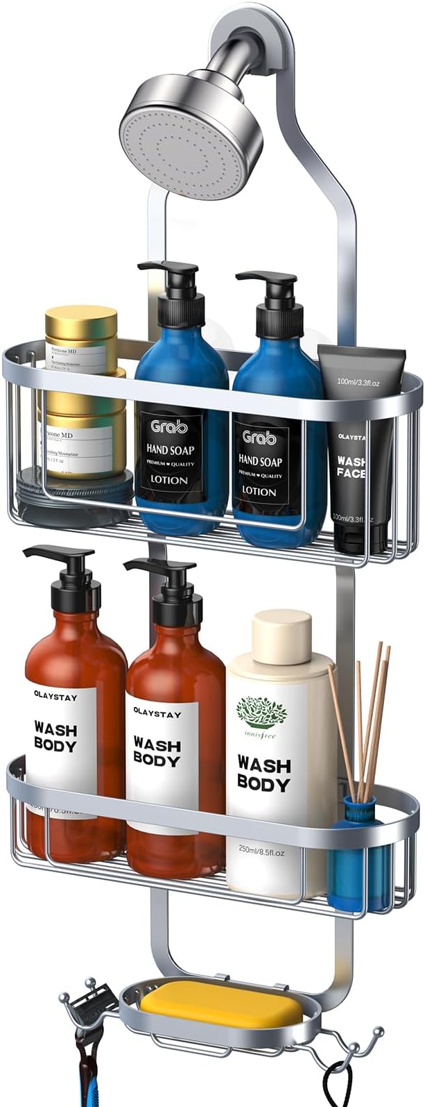 Kadolina Bathroom Hanging Shower Organizer, Over Head Shower Caddy Shower Storage Rack Basket with Hooks for Razor and Sponge Rustproof, Silver [Patented]