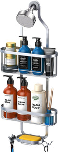 Kadolina Bathroom Hanging Shower Organizer, Over Head Shower Caddy Shower Storage Rack Basket with Hooks for Razor and Sponge Rustproof, Silver [Patented]