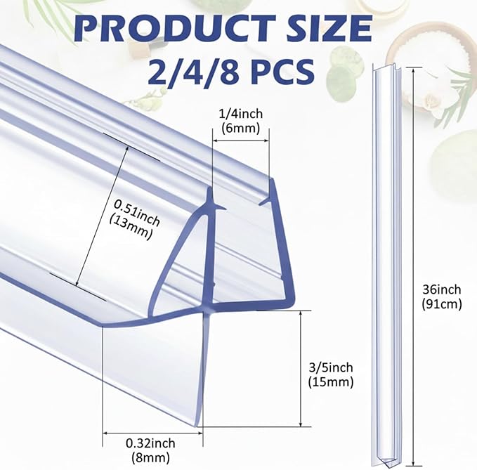 Frienda 2 Pcs Shower Door Bottom Seal 1/4" x 36'' Clear PVC Glass Door Sweep Shower Frameless Seal Strip for Replacement Stopping Leaks and Creating Water Barrier