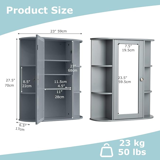 COSTWAY Wall Mounted Bathroom Cabinet - Storage Organizer with Mirror Door, Adjustable Shelves & 6 Open Racks, Space-Saving Hanging Medicine Cabinet for Living Room Kitchen Entryway (Gray)