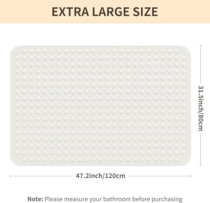Yolife Extra Large TPE Shower Mat, 47.2" L x 31.5" W Anti Slip Bath Mat with Drain Holes and Suction Cups, Large Size Mat More Suitable for Shower Stall, No Odor, Heavy Mat (White, 47.2" x 31.5")