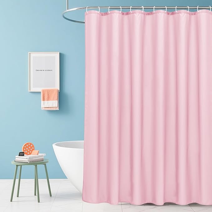 AooHome Extra Long Shower Liner, Polyester Solid Color Shower Curtain with Hooks, Weighted Hem, Water Repellent, 72x84 inch, Pink