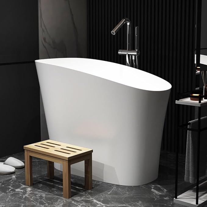 Japanese Soaking Bathtub 47'' Oblique Freestanding Tub Stone Resin Deep Soaking Bathtub in Matte White