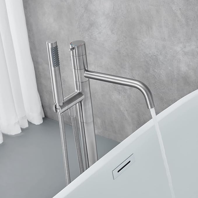 Freestanding Bathtub Faucet Floor Mount Tub Filler Brushed Nickel Brass Single Handle Bathroom Faucets with Hand Shower