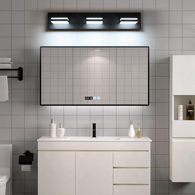 SineRise LED Modern Bathroom Vanity Light Fixtures (3-Light, 24-Inch, Dimmable), Matte Black Modern Acrylic Bathroom Wall Lighting Fixtures Over Mirror (Cool White 6000K)