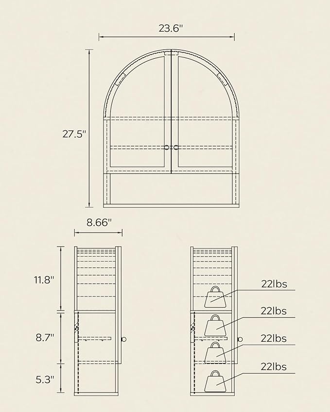 Large Arched Wall Cabinet with Acrylic Door, Large Wooden Wall Mounted Bathroom Cabinet, Modern Hanging Medicine Cabinet with Adjustable Shelf and Open Shelf, Natural Oak