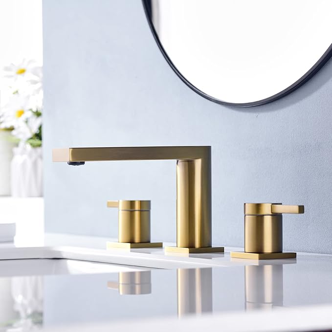 Luxury Brass Widespread Bathroom Sink Faucets with Copper Valve for 3 Hole 2-Handle 8 Inch Deck Bathroom Vanity Faucet, &Stainless Steel Pop-up Drain Assembly, Brushed Brass Gold
