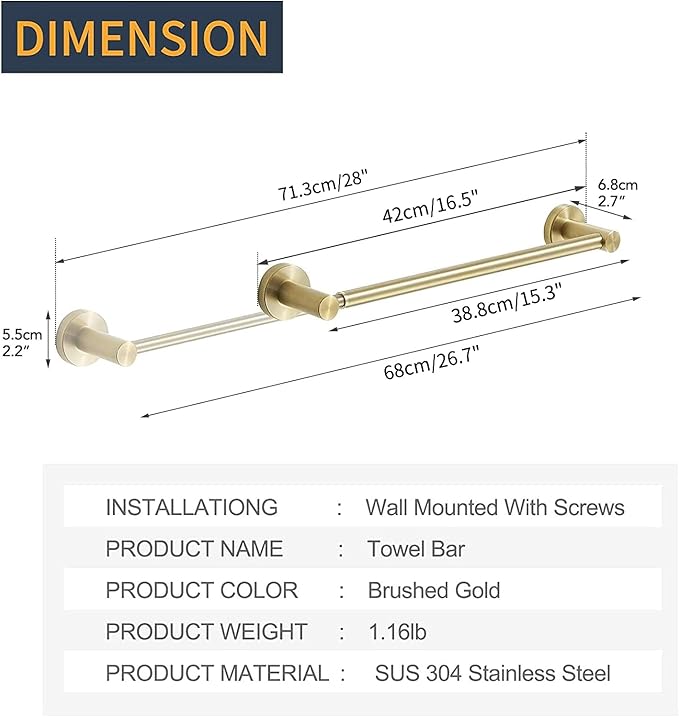 BESy Adjustable 15 to 26 Inch Single Bath Towel Bar for Bathroom SUS304 Stainless Steel Towel Holder, Wall Mount with Screws Hand Towel Bar Rod Hotel Style, Brushed Gold