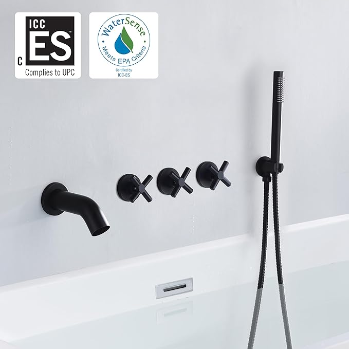 SUMERAIN Wall Mount Bathtub Faucet with Hand Shower,3 Handle Tub Shower Faucet Matte Black High Flow Waterfall Tub Filler