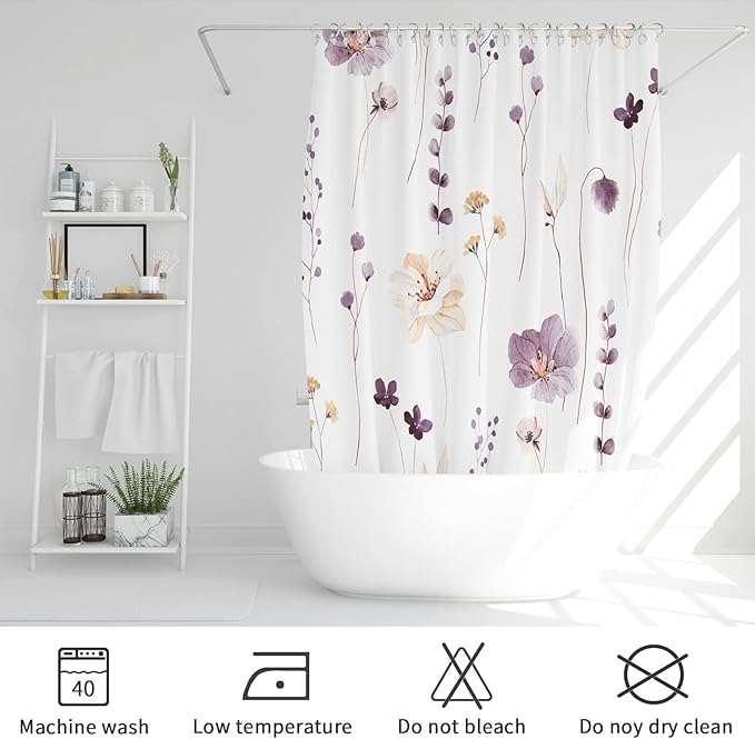 Gibelle Small Stall Shower Curtain 36 x 72, Narrow Half Watercolor Floral Fabric Shower Curtain, Plum Beige Flower Decorative Bathroom Shower Curtain Set