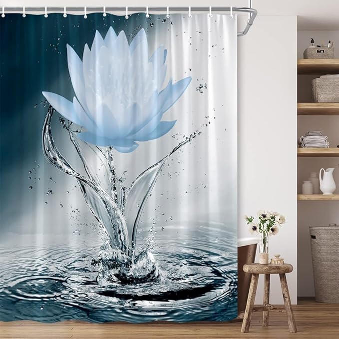 Lotus Shower Curtain Black White Blue Flower Elegant Blooming Floral with Dew Spring Flower Reflection on Water Modern Romantic Polyester Fabric Bathroom Decor 70×90 Inch with Hook