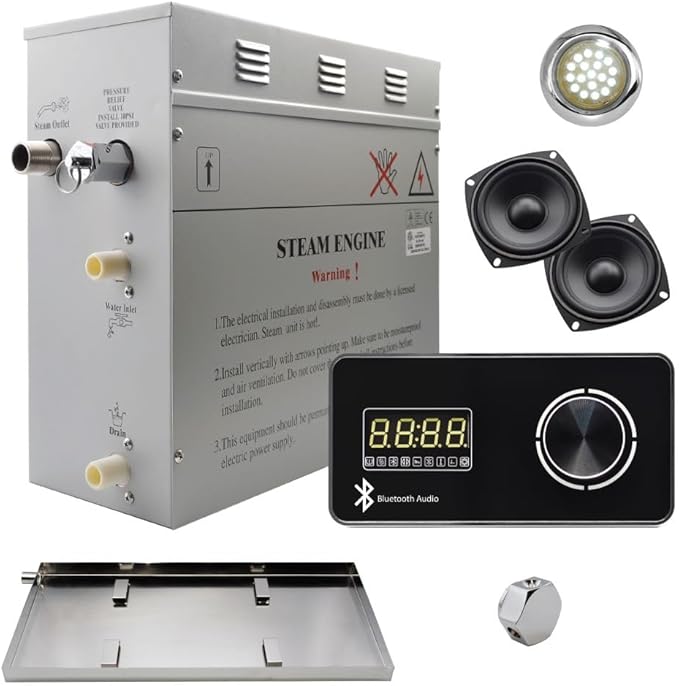 Superior Encore Plus 6 kW Steam Shower Generator Kit with Horizontal Black Keypad, Drip Pan & White Light | Bluetooth Audio|Self-Draining Steam Bath Generator|One-click Connection Cord|