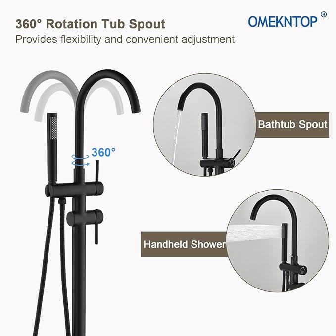 Freestanding Bathtub Faucet, Matte Black Floor Mount Tub Filler, Modern Freestanding Tub Faucet with 360 Swivel Gooseneck Spout and Handheld Shower, Standing Tub Faucet for Bathroom