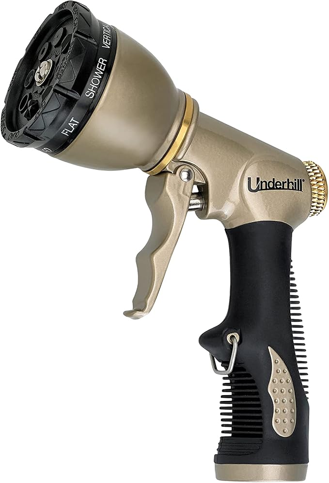 Underhill Pattern Master Gold Series Garden Water Hose Nozzle Sprayer Head, 3/4-Inch Thread Inlet, Jet Attachment 8 Spray Patterns, NG200-8S