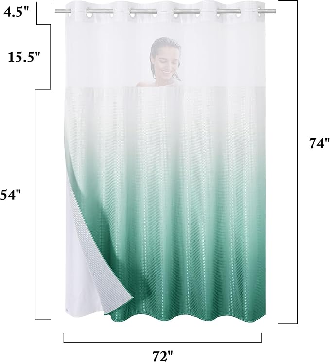 Gibelle No Hook Waffle Weave Shower Curtain with Snap-in Fabric Liner Set for Bathroom, Hotel Style with Mesh Top Window, Waterproof & Washable, Ombre Teal, 72x74