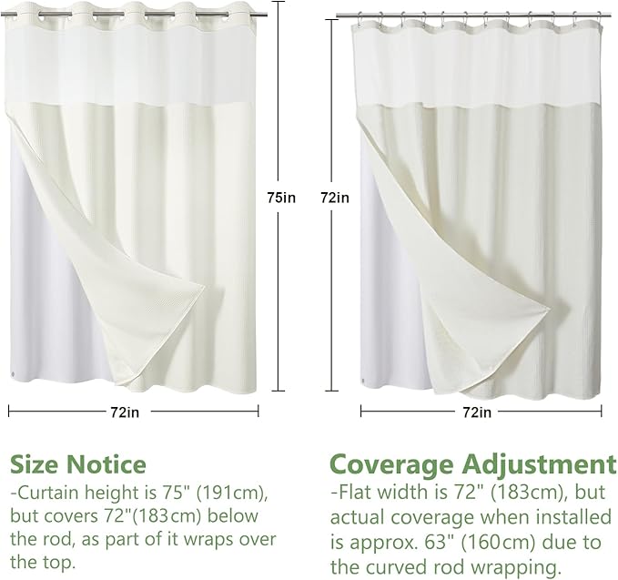 VANZAVANZU Hookless Shower Curtain with Mesh Top and Snap in Waterproof Liner, Waffle Weave, Weighted Magnets Hem, Machine Washable, 72 x 75 Inches – (Beige)