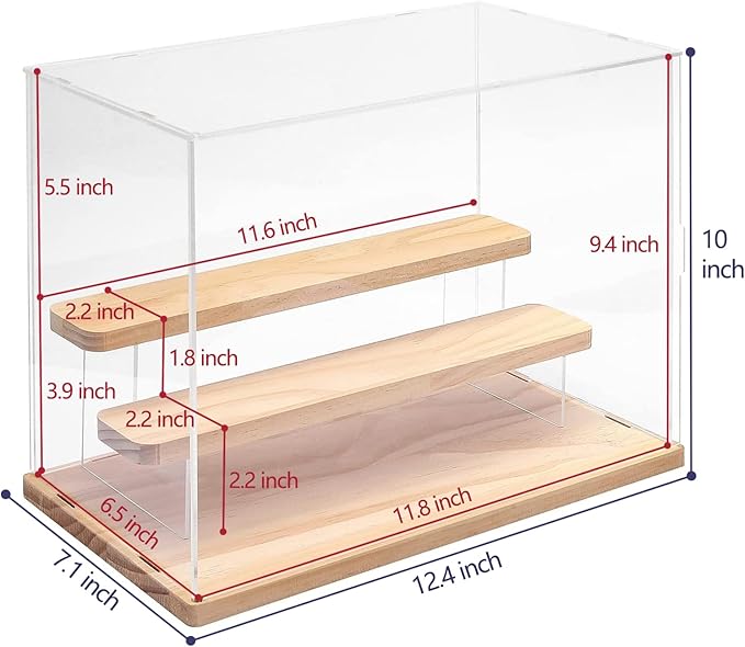 Choowin 3 Tier Clear Acrylic Display Case for Collectibles, Mini Figures, Pop Mart, Labubu, Sonny Angel, Smiski - Assemble Dustproof Acrylic Display Box with Door, Stand (Wood Base Step)