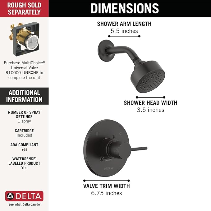 Delta Modern 14 Series Shower Faucet Set, Matte Black Shower Head and Handle Set, Valve Trim Kit, Matte Black T14259-BL-PP (Valve Not Included)
