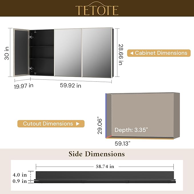 TETOTE 60" x 30" Brushed Nickel Medicine Cabinet Storage with Mirror Farmhouse Bathroom Medicine Cabinet with Adjustable Shelves Wall Mounted or Recessed