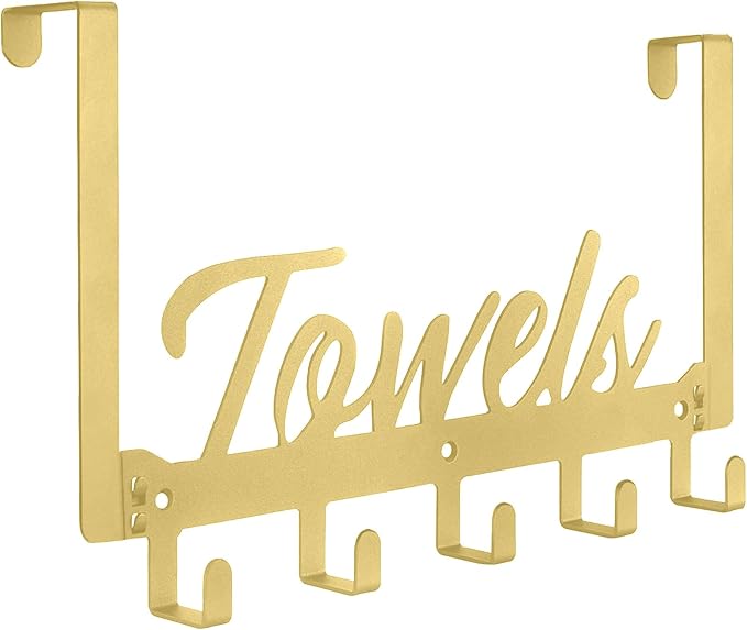 Over The Door Hooks - Heavy Duty Towel Rack with 5 Coat Hooks for Bedroom Kitchen, Gold Bathroom Decor