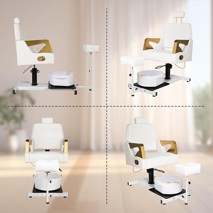 Pedicure Chair, Pedicure Station No Plumbing Adjustable Height Reclining Pedicure Chair with Footrest Massage Basin & Stool 360 Degree Swivel Foot Spa Chair Adjustable Backrest Spa Chair White