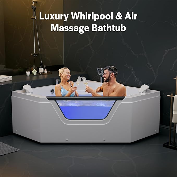 Empava PRO Series 59" Corner Whirlpool Tub for 2-Person | Luxury Jetted Spa with Thermostatic Control, Built-In Heater & Chromotherapy | Acrylic, White (ETL Certified)