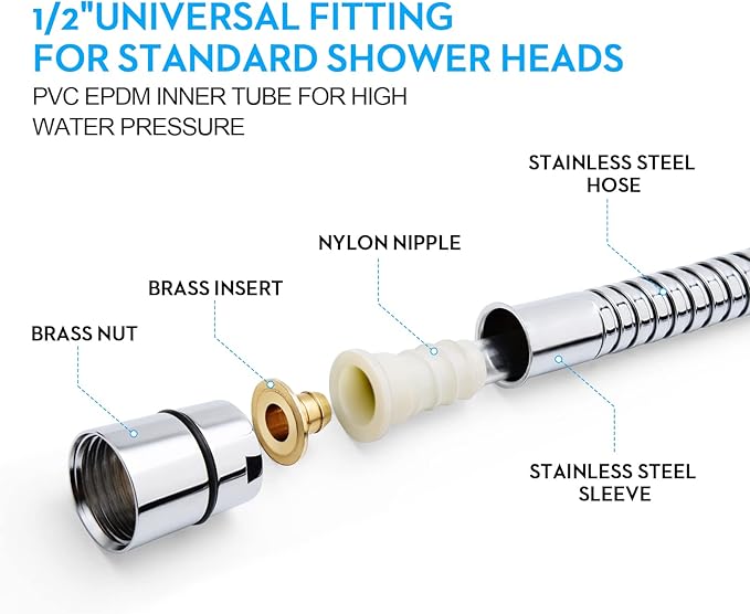 Shower Hose, 69 Inches Extra Long Stainless Steel Handheld Shower Head Hose with Brass Insert and Nut - Durable and Flexible(Chrome)