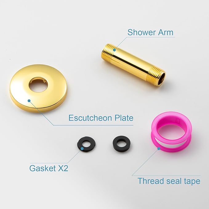 OFFO Shower Arm with Flange, Bright Gold 3 in Ceiling Mount Replacement Rain Shower Head Straight Arm Ceiling-Mounted For Fixed Shower Head & High Pressure Rain
