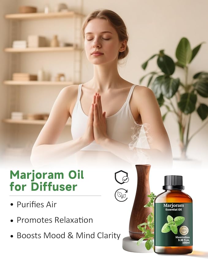 Pure Marjoram Essential Oil, Mumianhua Natural Herbaceous Oil for Bedroom Serenity & Natural Shield, Aromatherapy for Evening Ease, Outdoor Protection, Diffuser, Massage & Skin Care, 3.38 Fl Oz