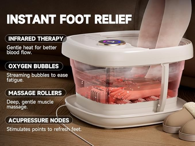 Foot Spa Bath Massager with Heat Bubble，Heating Foot Soaking Tub for Collapsible Foot Bath Bucket with Bubbles, Remote Control，Red Light, Pumice Stone, and Shiatsu Rollers for Gift
