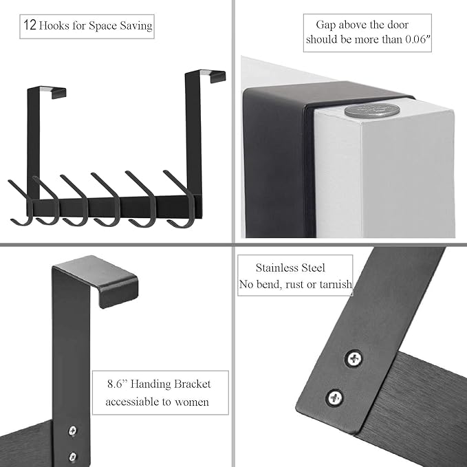 DOKU Over The Door Hook, Heavy Duty Over Door Hanger Holder for Coat Robe Hat Clothe Towels Hanging, Bathroom Organizer Towel Rack 12 Hooks, Matte Black