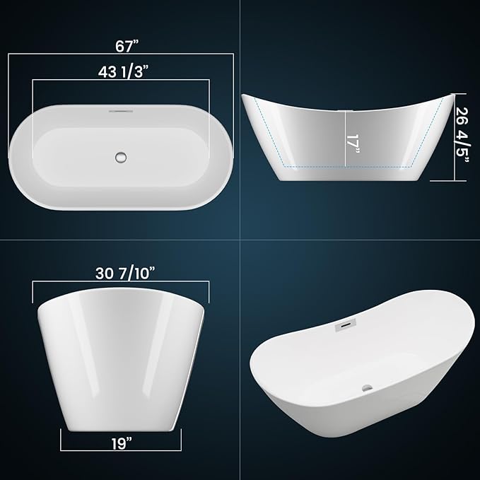 Extra Large Freestanding Bathtub 67 Inch Luxury Acrylic Soaking Bathtub for Modern Bathroom, Free Standing Tub with Integrated Overflow & Pre-Installed Drain Pipe, Glossy White Freestanding Tub Design