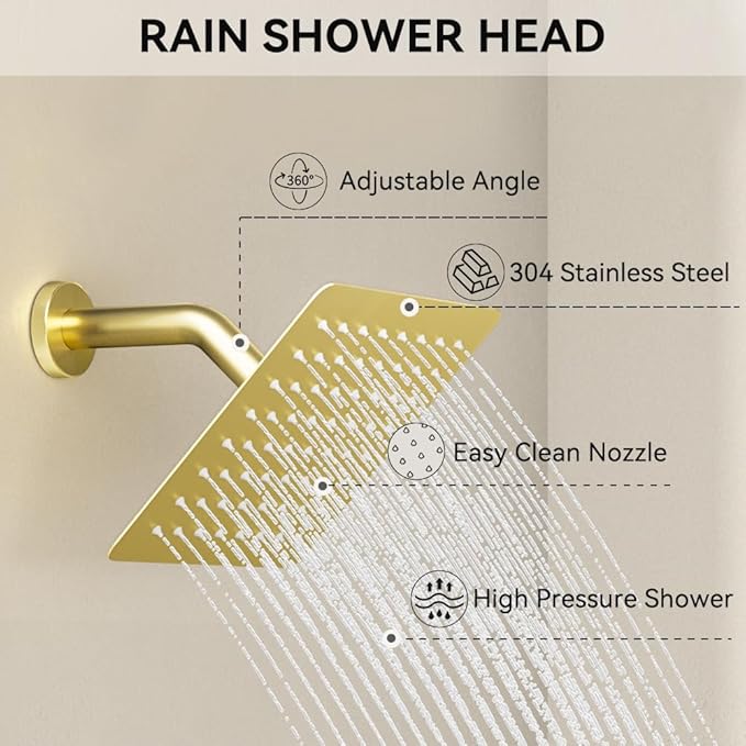 Brushed Gold Shower System, STARBATH Ceiling Mounted 10+6 Inch Rainfall Shower Head with 2 in 1 High Pressure Handhled, Can Use All at Once, Push Button Diverter Thermostatic Valve with Trim Kit