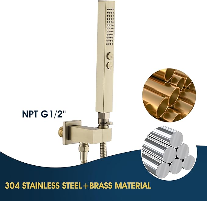 All-Metal High Pressure Square Handheld Shower Head with Jet Spray and Rainfall Modes, Volume Control Regulator, ON/OFF Switch, Hose and Wall Mounted Adjustable Bracket, Brushed Gold Color