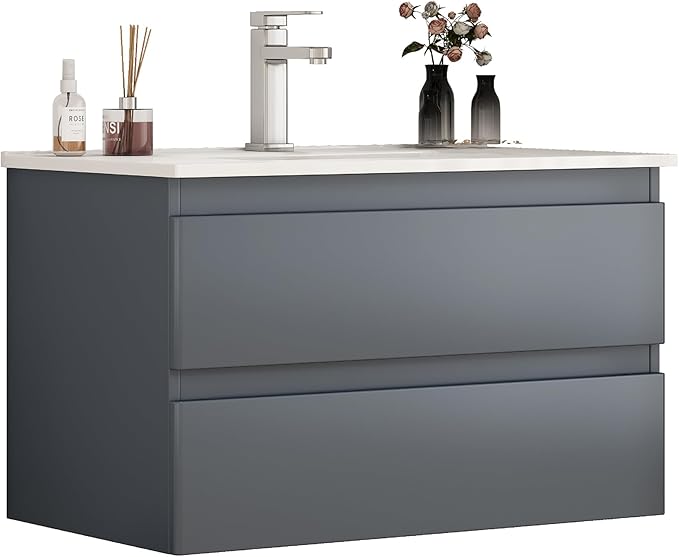32" Wall Mounted Bathroom Vanity with Sink, Modern Dark Grey Floating Cabinet, Solid Plywood with Round Edges, 2 Soft Close Drawers, Handleless Design, Ceramic Top