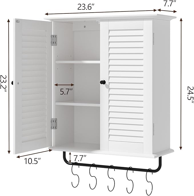 White Wall Mounted Cabinet, Over the Toilet Storage Cabinet, Wooden Wall Cabinet with 2 Doors & Hooks, White Wall Cabinet, Medicine Cabinet Organizer, Storage Cabinets Over Toilet Livingroom Kichen