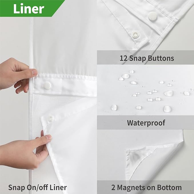 Extra Long No Hooks Needed Linen Textured Shower Curtain with Snap-in Fabric Liner Set,White Hotel Luxury Decor Shower Curtains for Bathroom,Waterproof & Washable,71Wx86H