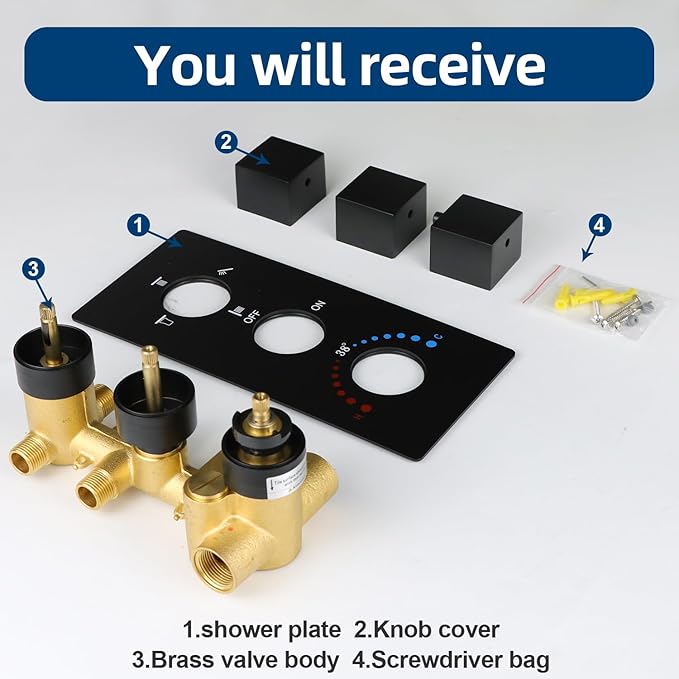 HOMEDEC Solid Brass 4 Ways Shower Diverter Valve, Thermostatic 3 Handles Control Shower Mixing Valve Trim Kit Rough In Replacement, Matte Black