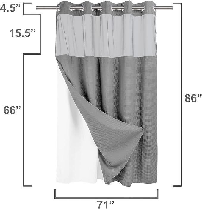 River Dream Heavyweight No Hooks Required Dotted Waffle Weave Shower Curtain with Snap in Liner -Extra Long 71W x 86H,Hotel Grade,Spa Like Bath Curtain,Gray