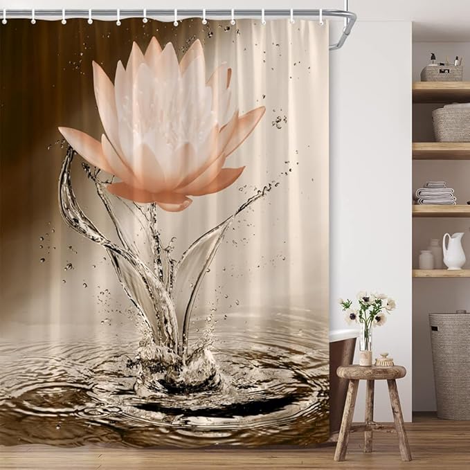 Lotus Shower Curtain Orange Flower Elegant Blooming Floral with Dew Spring Flower Reflection on Water Modern Romantic Polyester Fabric Bathroom Decor 86×70 Inch with Hook