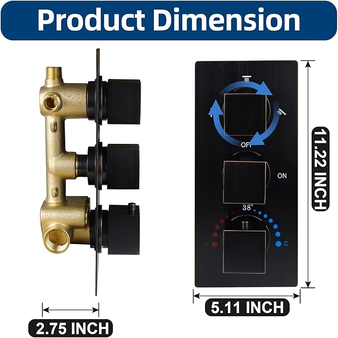 HOMEDEC Brass 3 Way Shower Diverter Valve, Thermostatic 3 Handle Control Shower Mixing Valve Trim Kit Replacement, Rough In, Oil Rubbed Bronze