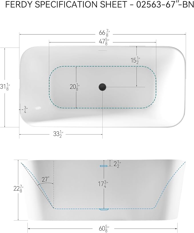 FerdY Maui 67" Acrylic Freestanding Bathtub, Contemporary Elegant Design Soaking Tub with Minimalist Linear Design Overflow and Matte Black Drain, Easy to Install