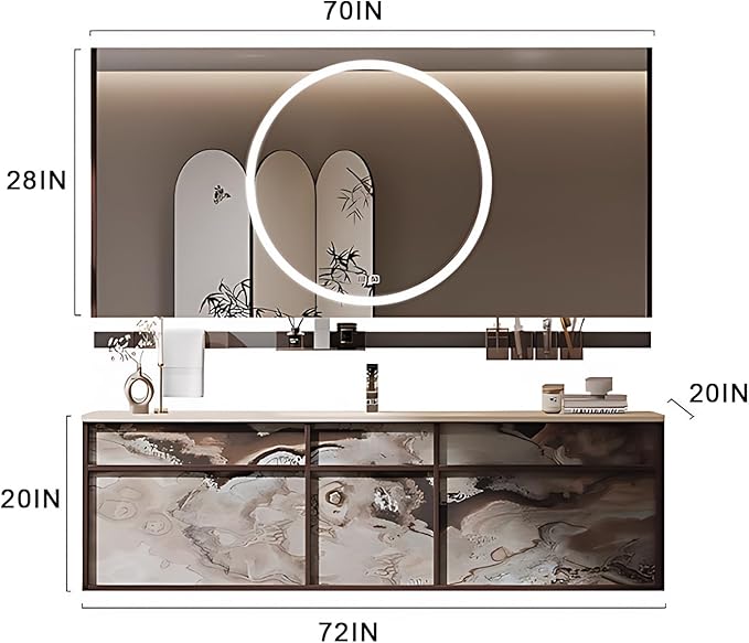 72IN Modern Bathroom Vanity with Sink - Bathroom Vanity with 2 Drawer Organizer, LED Mirror Lights & Defogging Function | Wall - Mounted Vanity with Silver Sink Faucet